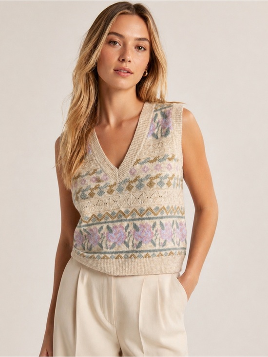 Lulus Jackets & Blazers - Lulus Floral Fair Isle Sweater Vest Women M Cream Cottagecore Boho Soft Knit